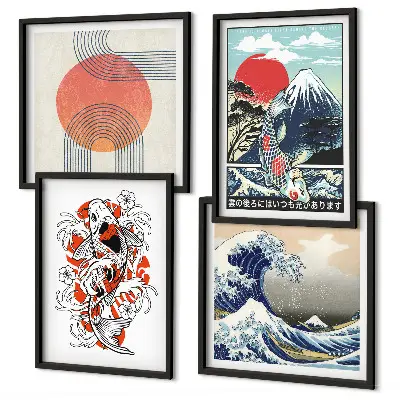 Set de cuadros modernos para salón ilustraciones de montañas con olas y peces estilo japonés