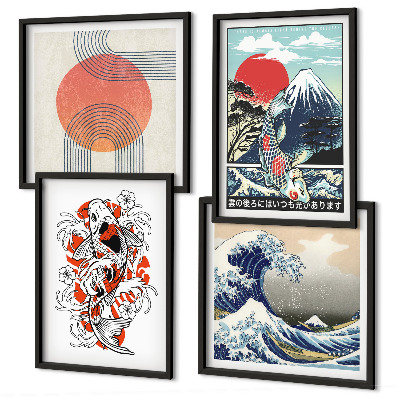 Set de cuadros modernos para salón Ilustraciones de montañas de olas de peces en Japón