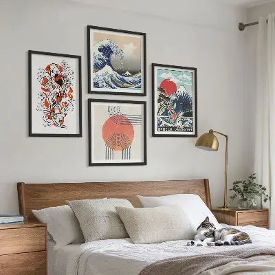 Set de cuadros modernos para salón ilustraciones de montañas con olas y peces estilo japonés