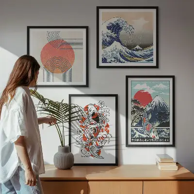 Set de cuadros modernos para salón ilustraciones de montañas con olas y peces estilo japonés