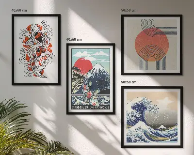 Set de cuadros modernos para salón ilustraciones de montañas con olas y peces estilo japonés