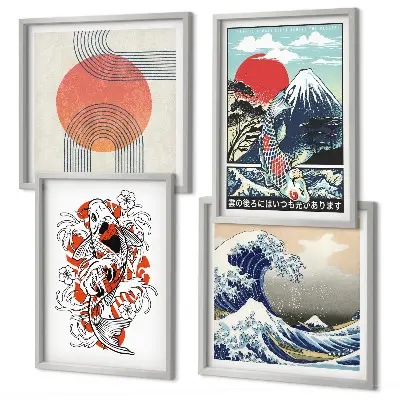 Set de cuadros modernos para salón ilustraciones de montañas con olas y peces estilo japonés