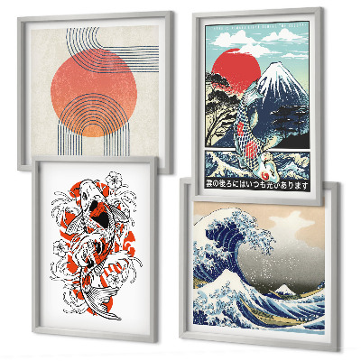Set de cuadros modernos para salón Ilustraciones de montañas de olas de peces en Japón