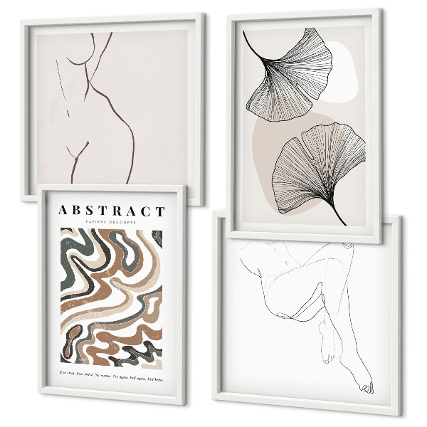 Set de 4 cuadros para salón Formas abstractas de hojas de estilo bohemio
