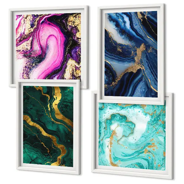 Galería de pared con diseño de patrones abstractos en tonos rosa, verde y azul