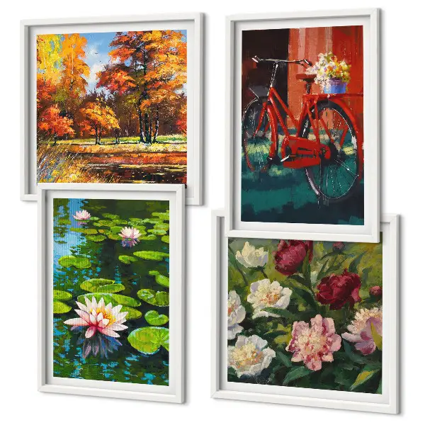 Set de cuadros modernos para salón diseño de flores sobre bicicleta con nenúfares