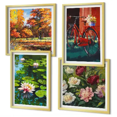 Set de cuadros modernos para salón diseño de flores sobre bicicleta con nenúfares