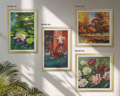 Set de cuadros modernos para salón diseño de flores sobre bicicleta con nenúfares