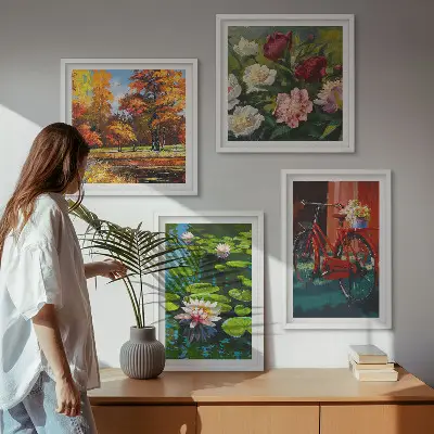 Set de cuadros modernos para salón diseño de flores sobre bicicleta con nenúfares