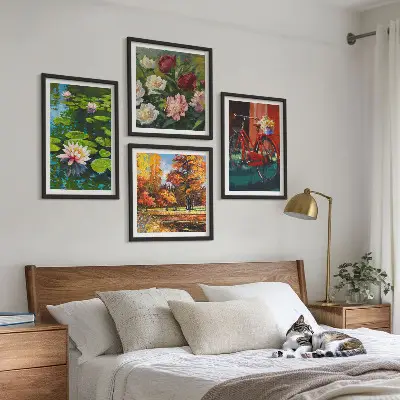 Set de cuadros modernos para salón diseño de flores sobre bicicleta con nenúfares