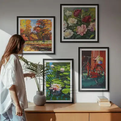 Set de cuadros modernos para salón diseño de flores sobre bicicleta con nenúfares