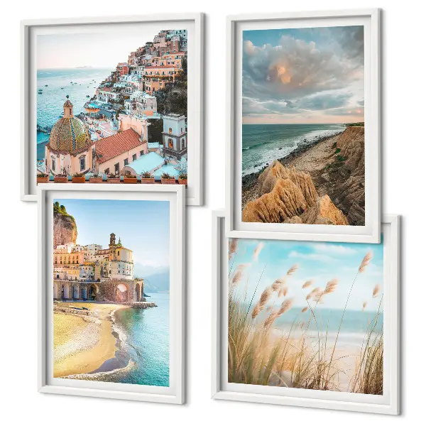 Set de 4 cuadros para salón con paisajes de playa, ciudad y acantilados