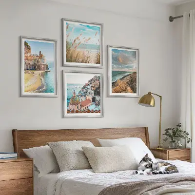 Set de 4 cuadros para salón con paisajes de playa, ciudad y acantilados
