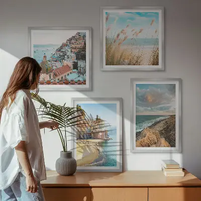 Set de 4 cuadros para salón con paisajes de playa, ciudad y acantilados