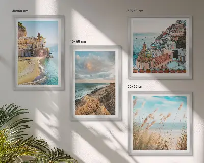 Set de 4 cuadros para salón con paisajes de playa, ciudad y acantilados