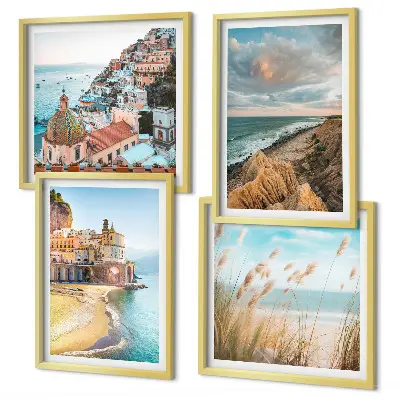 Set de 4 cuadros para salón con paisajes de playa, ciudad y acantilados