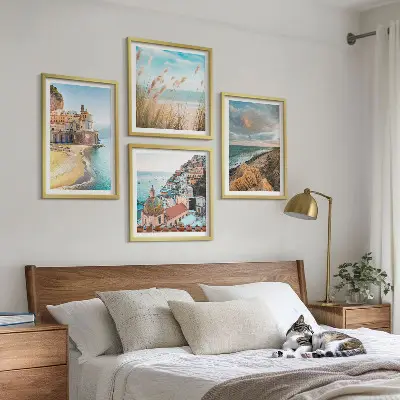 Set de 4 cuadros para salón con paisajes de playa, ciudad y acantilados