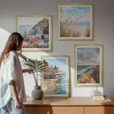 Set de 4 cuadros para salón con paisajes de playa, ciudad y acantilados