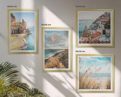 Set de 4 cuadros para salón con paisajes de playa, ciudad y acantilados