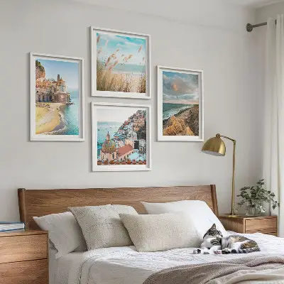 Set de 4 cuadros para salón con paisajes de playa, ciudad y acantilados