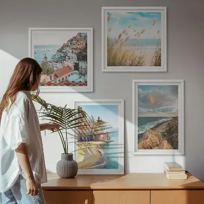 Set de 4 cuadros para salón con paisajes de playa, ciudad y acantilados