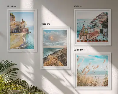 Set de 4 cuadros para salón con paisajes de playa, ciudad y acantilados