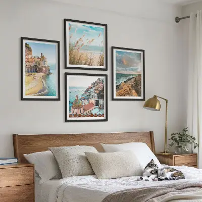 Set de 4 cuadros para salón con paisajes de playa, ciudad y acantilados