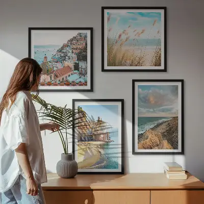 Set de 4 cuadros para salón con paisajes de playa, ciudad y acantilados