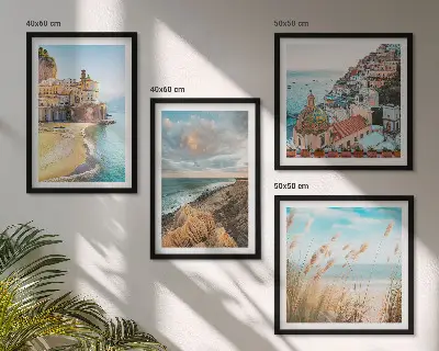 Set de 4 cuadros para salón con paisajes de playa, ciudad y acantilados