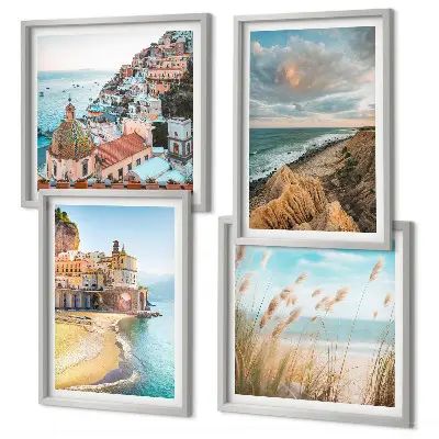 Set de 4 cuadros para salón con paisajes de playa, ciudad y acantilados