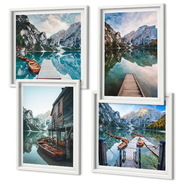 Set de cuadros modernos para salón con diseño de barcos de madera en el lago de montaña