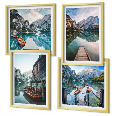 Set de cuadros modernos para salón barcos de madera de las montañas del lago