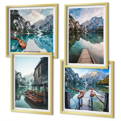 Set de cuadros modernos para salón con diseño de barcos de madera en el lago de montaña