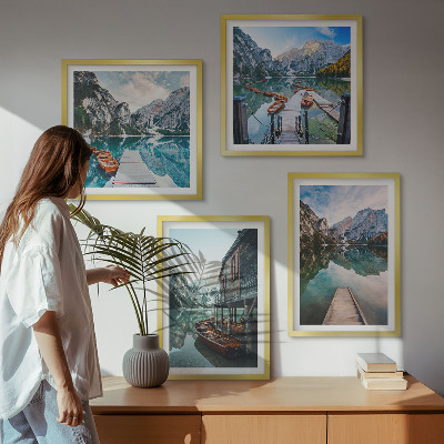 Set de cuadros modernos para salón barcos de madera de las montañas del lago
