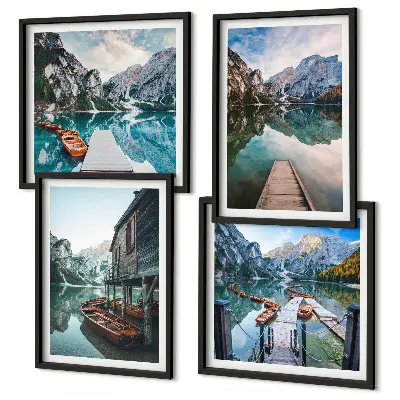 Set de cuadros modernos para salón con diseño de barcos de madera en el lago de montaña