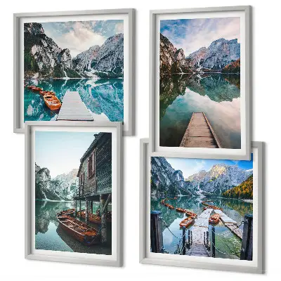 Set de cuadros modernos para salón con diseño de barcos de madera en el lago de montaña