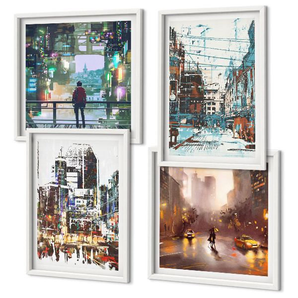 Set de 4 cuadros para salón Ciudades modernas y coloridas con personalidad