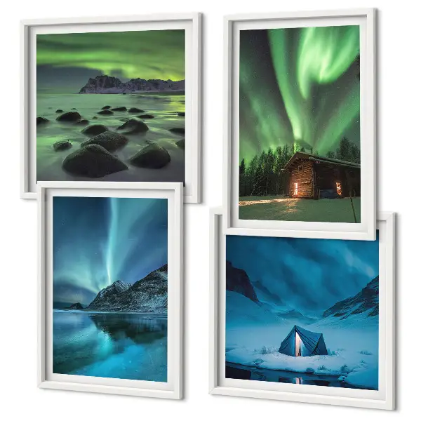 Set de cuadros modernos para salón paisajes de montañas con auroras boreales