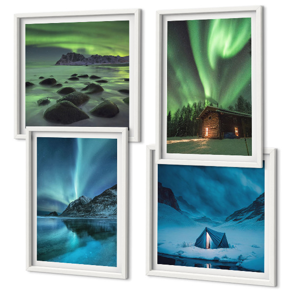 Set de cuadros modernos para salón Paisajes invernales, montañas con auroras boreales