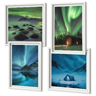 Set de cuadros modernos para salón Paisajes invernales, montañas con auroras boreales