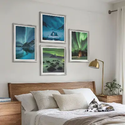 Set de cuadros modernos para salón paisajes de montañas con auroras boreales