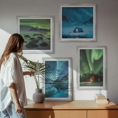 Set de cuadros modernos para salón paisajes de montañas con auroras boreales