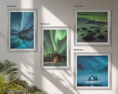 Set de cuadros modernos para salón paisajes de montañas con auroras boreales