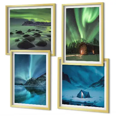 Set de cuadros modernos para salón paisajes de montañas con auroras boreales