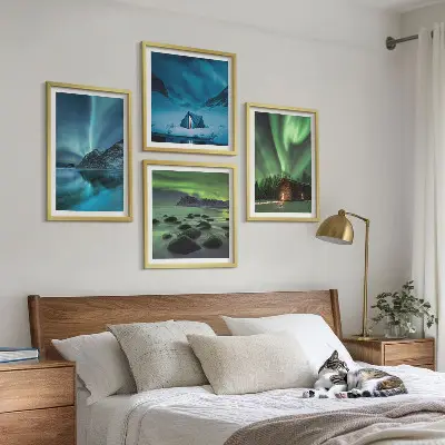 Set de cuadros modernos para salón paisajes de montañas con auroras boreales