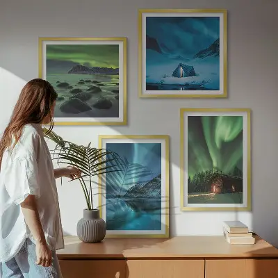 Set de cuadros modernos para salón paisajes de montañas con auroras boreales