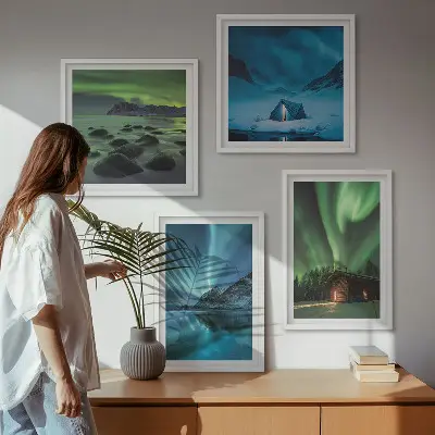 Set de cuadros modernos para salón paisajes de montañas con auroras boreales