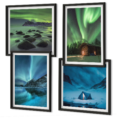 Set de cuadros modernos para salón Paisajes invernales, montañas con auroras boreales
