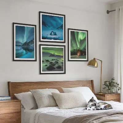 Set de cuadros modernos para salón paisajes de montañas con auroras boreales