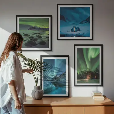 Set de cuadros modernos para salón paisajes de montañas con auroras boreales